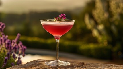 Elegant cocktail in a coupe glass with a purple flower garnish, set against a blurry outdoor background at sunset.