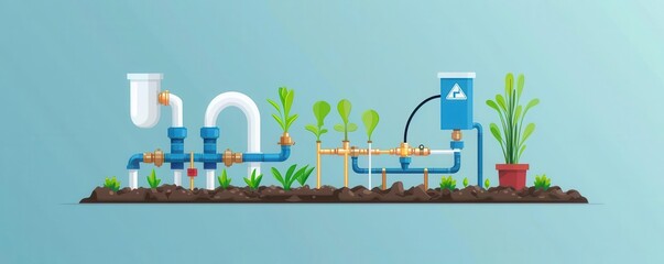 Naklejka premium Drip irrigation system flat design side view, water-efficient agriculture, water color, Split-complementary color scheme
