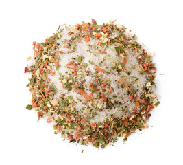 Top view of mixed aromatic salt, spices and herbs