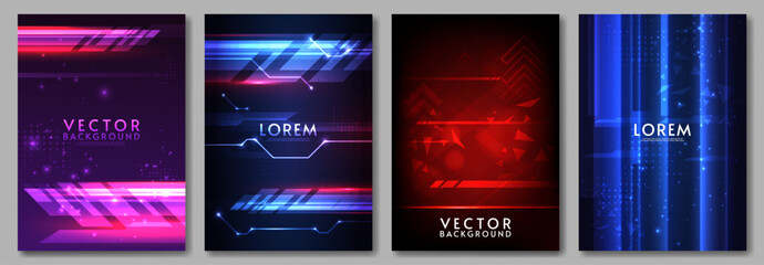Set of hi tech neon posters. Futuristic design. Dark backdrop with bright gradient elements. Design for poster, cover, banner.