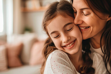 A mother and daughter share a tender moment, embracing in a loving hug. 