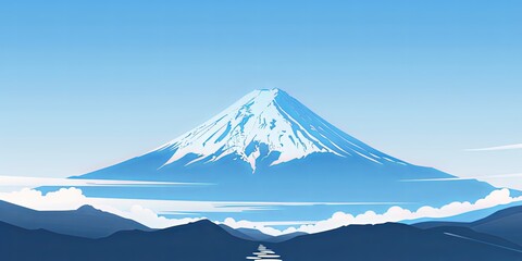 Serene Mount Fuji: Minimalist Vector Art in Light Blue and White 