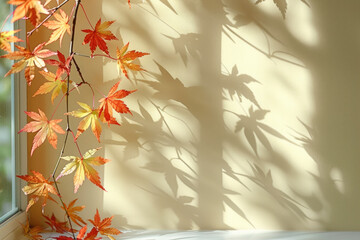 Autumn abstract background with shadow of the maple tree leaves on a wall