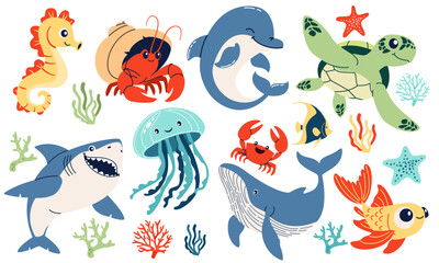 Set of flat vector illustrations on the theme of marine inhabitants. Cute shark crab crayfish hermit jellyfish turtle seahorse sea stars and corals dolphin fish . Vector illustration