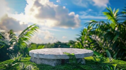 Marble Pedestal in Tropical Garden with Ocean View. Generative ai.