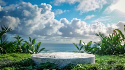 Fototapeta premium Marble Pedestal in Tropical Garden with Ocean View. Generative ai.