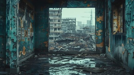 View from the window of a destroyed painted room on the city after hostilities