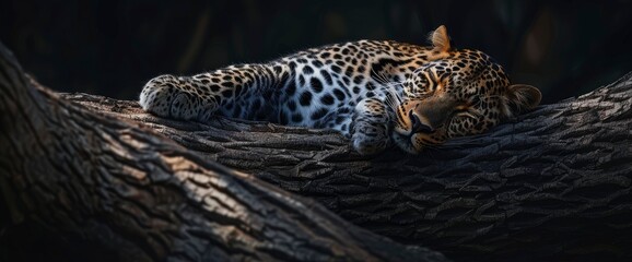 African Leopard Resting On A Tree, Its Spots Blending With The Shadows,High Resolution, Ultra HD