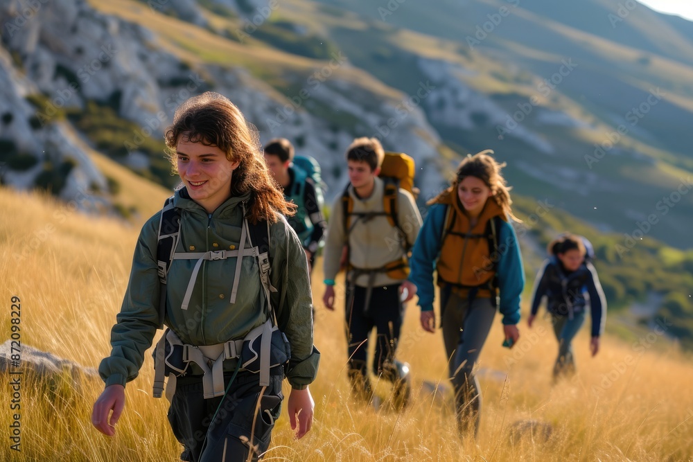 Wall mural group of happy teens trekking through sunny mountain meadow