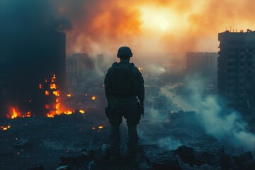 Obraz premium War Zone Vigilance: Soldier Stands Tall on Destroyed Building