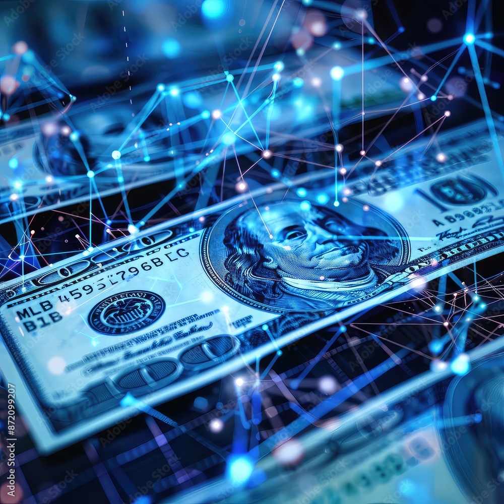 Poster a dynamic visual of dollar bills intertwining with digital loan icons and graphs, symbolizing financ