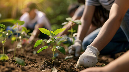 Fototapeta premium A group of people are planting trees