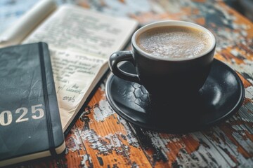 Young hands writing in notebook 2025 new year's resolutions index list over wooden table