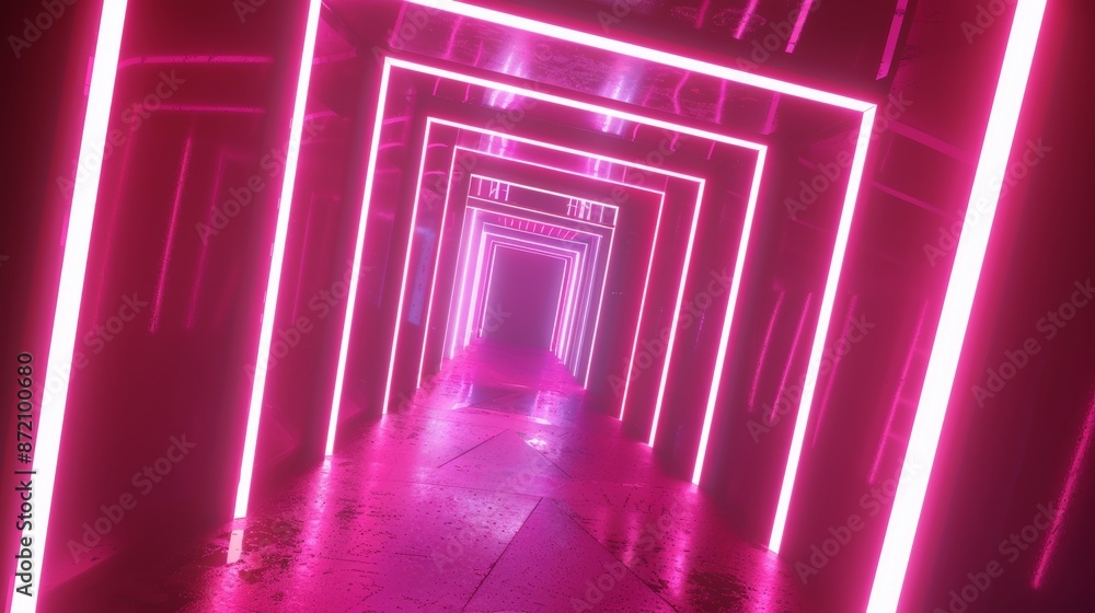 Poster bright neon tunnel with rotating square frames, seamless 3d animation, abstract design