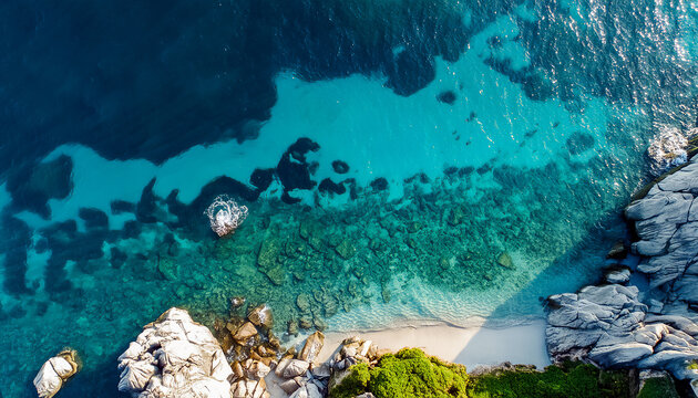 Attractive morning seascape with beautiful view of a small beach on a rocky shore at summer