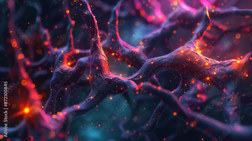Fototapete Dynamic 3D rendering of neural network with vibrant colors and glowing nodes