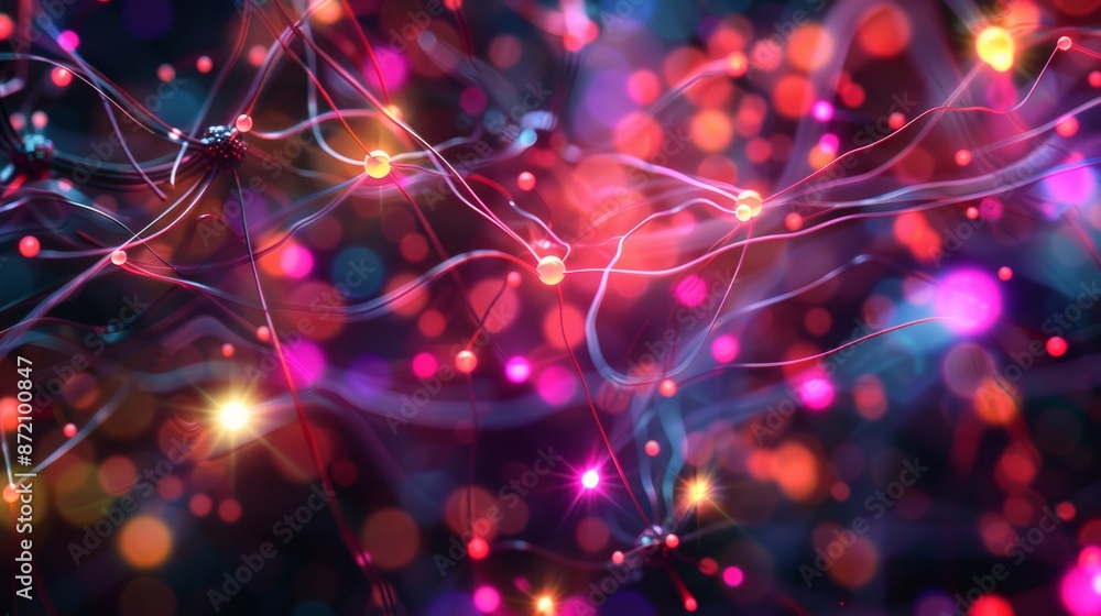 Fototapete Dynamic 3D rendering of neural network with vibrant colors and glowing nodes