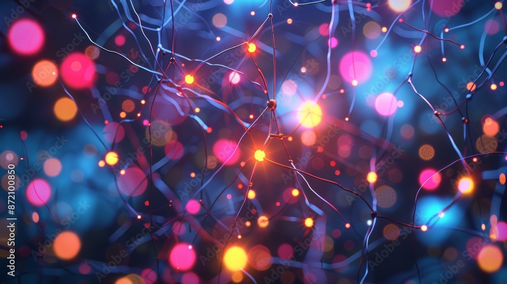 Poster Dynamic 3D rendering of neural network with vibrant colors and glowing nodes