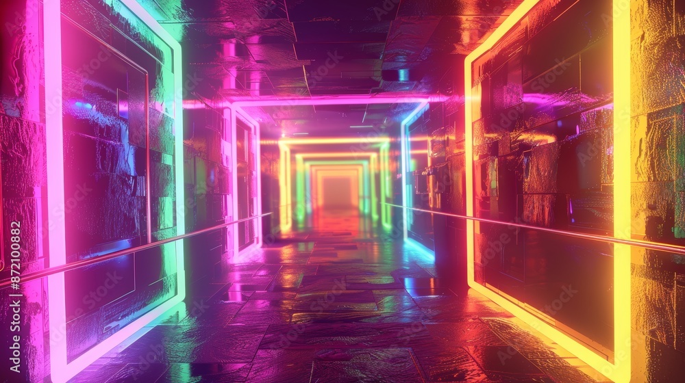 Poster looped 3d animation of neon tunnel with rotating square frames, vibrant colors, abstract background
