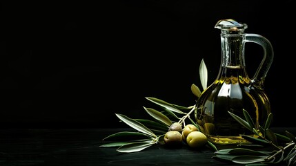 Olive Oil Bottle and Branch with Olives on a Black Table