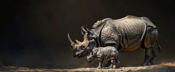 Fototapeta premium An Indian Rhinoceros (Rhinoceros Unicornis) Mother With Her Calf,High Resolution, Ultra HD