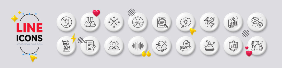 Fake news, Waterproof and Pantothenic acid line icons. White buttons 3d icons. Pack of Report document, Chemistry lab, Report icon. Microscope, Work, Chemical hazard pictogram. Chemistry dna. Vector