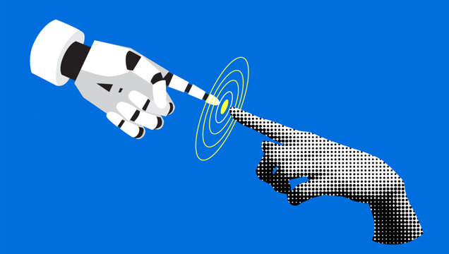 Modern collage with halftone human hand touching robots hand. Fight between human and artificial intelligence. Concept of future technologies. Machine learning. Contest between human and cyborg