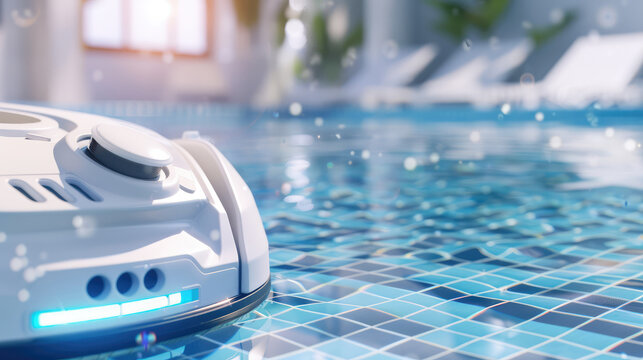 Robotic pool cleaner with futuristic design cleaning the swimming pool, modern automated swimming pool cleaner 