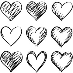 A set of hand drawn hearts on a white background showcasing love and affection