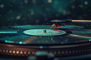 Vintage Vinyl Record Player with Sparkling Bokeh Background in Low Light