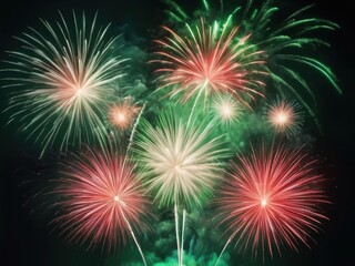 Fototapeta premium Fuegos artificiales con los colores de la bandera mexicana: verde, blanco y rojo.