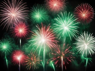 Cielo con fuegos artificiales con los colores de la bandera mexicana: verde, blanco y rojo.