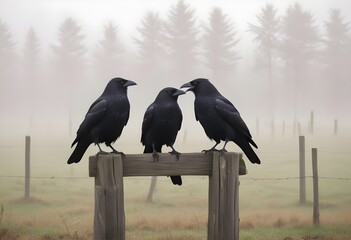 Obraz premium Two black crows perched on wooden posts in a foggy, grassy field
