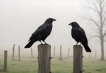 Two black crows perched on wooden posts in a foggy, grassy field