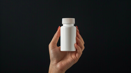 A female hand holding up an empty white supplement bottle against a black background.