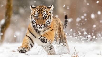 A siberian tiger cub running in the snow
