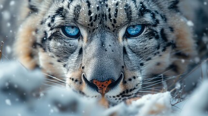 Obraz premium A close-up of a snow leopard, with its piercing blue eyes and thick, spotted fur.