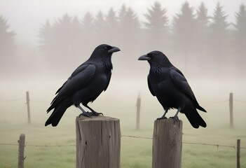 Two black crows perched on wooden posts in a foggy, grassy field