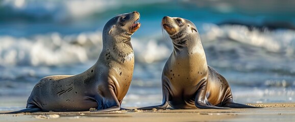 Fototapeta premium Australian Sea Lions (Neophoca Cinerea) Adults Playing On A Beach In Australia,High Resolution, Ultra HD