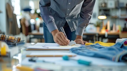 Obraz premium Fashion designer taking notes about clothing manufacturing in his workshop