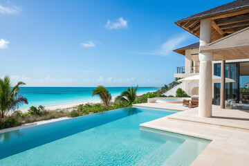 Luxurious Beachfront Villa with Infinity Pool Overlooking Crystal Clear Ocean on a Sunny Day