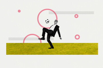 Composite collage image of mature businessman play football olympic games sport event concept...