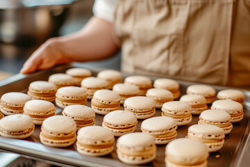 Fototapeta premium Baker is holding a baking sheet with macarons cookies, close up
