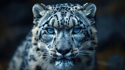 A close-up of a snow leopard, with its piercing blue eyes and thick, spotted fur.