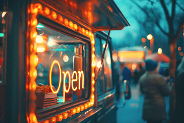 Open sign on a food truck serving delicious fast food and snacks on a bustling city street