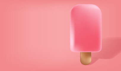 Realistic 3d fruit pink vegan ice-cream background. Vector illustration. Summer delicious sweet food.