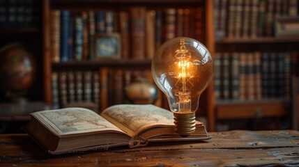 Illuminated Light Bulb on Open Book in Cozy Library Generative AI
