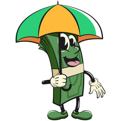 character of a bundle of cash money cartoon vector isolated clip art mascot illustration with an umbrella, work of hand drawn