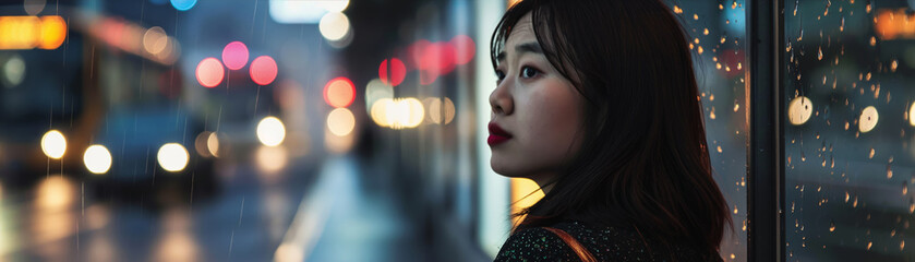 Young Woman Waiting at Rainy Night Bus Stop with City Lights Reflections in Background