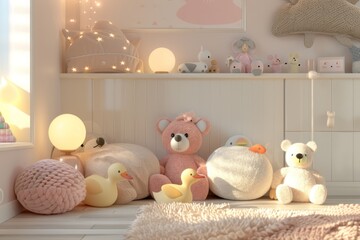 The children's room is decorated with soft toys like teddy bears, ducks, and more, the space features warm pastel colors and natural materials, creating a cozy atmosphere